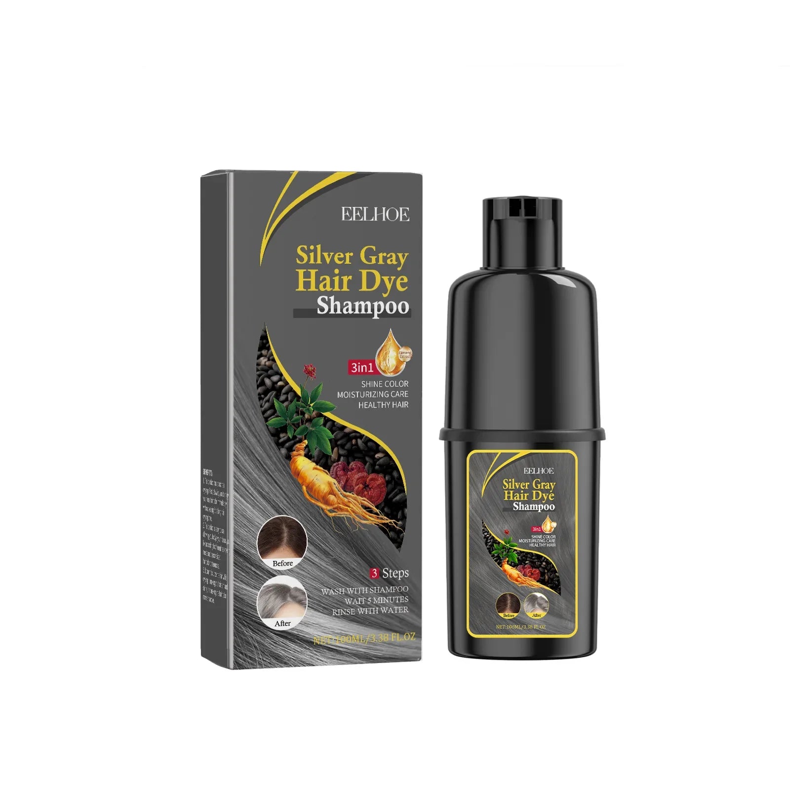 Jaysuing 3-in-1 black hair dye shampoo by SHOWLU FASHION STORE, showing the bottle and grey hair coverage benefits.