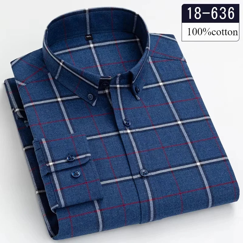 Showlu Fashion men's long-sleeve brushed cotton slim fit formal shirt with plaid and striped patterns, soft and casual for everyday wear.