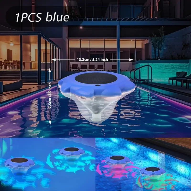 RGB waterproof LED garden lamp from Showlu Smart General, floating in a pool, illuminating with colorful light.