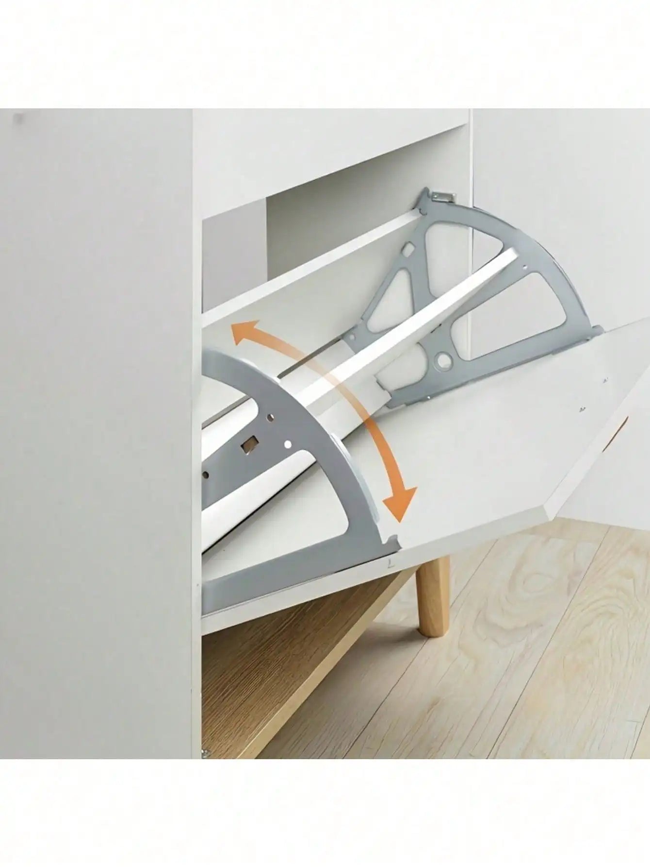 Stainless steel double-layer rotating shoe cabinet hinges by Showlu Fashion Store, showing close-up of hinge mechanism and metallic finish.