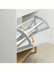 A close-up of a white shoe cabinet featuring a dual-tier rotating stainless steel hinge mechanism.