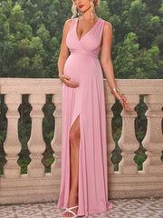 ItsRoya Solid Satin Cross Back Maternity Dress Elegant Party Evening Pregnant Gowns Side Split V Neck Photography Props Dresses