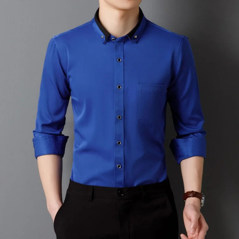 Men's Shirt Long Sleeve Elastic Wrinkle Proof Business Office Spring and Autumn Top Classic Solid royal blue -Black -White-green