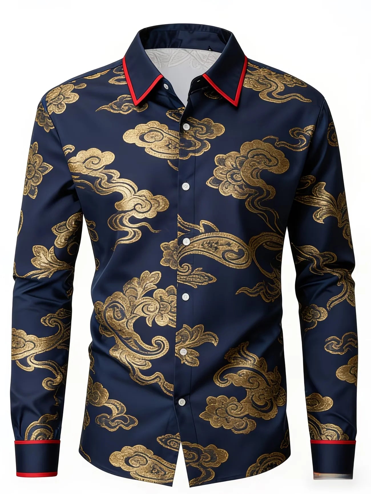 Showlu Men's slim fit long sleeve silk shirt with iris flower 3D print, stylish and elegant for formal or casual wear