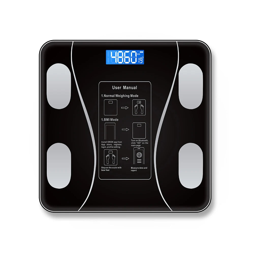 Showlu Smart digital glass bathroom scale displaying weight measurement with a sleek design, capable of up to 200kg.