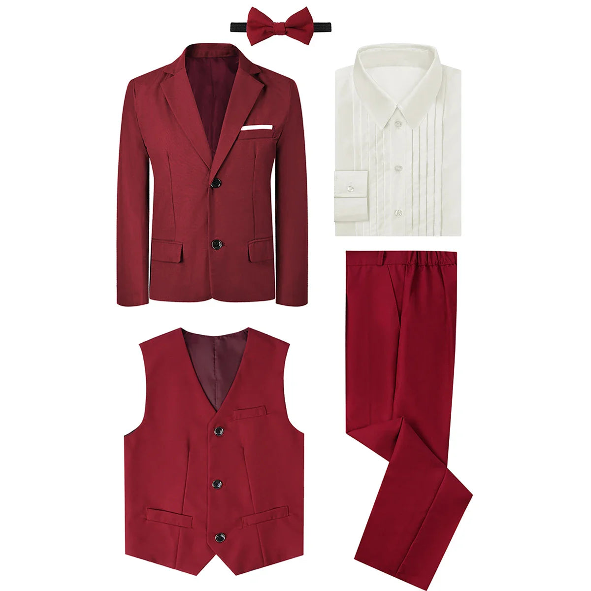 Boy's formal suit set featuring a tuxedo blazer and matching pants, perfect for kids' weddings and special occasions.