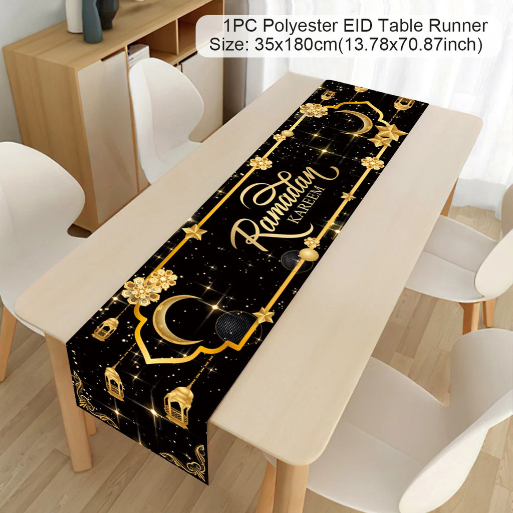 Ramadan decoration table runner with Islamic motifs for Eid Mubarak celebration, perfect for home table decor 2024.