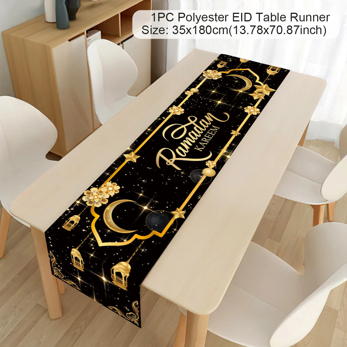 Ramadan decoration table runner with Islamic motifs for Eid Mubarak celebration, perfect for home table decor 2024.