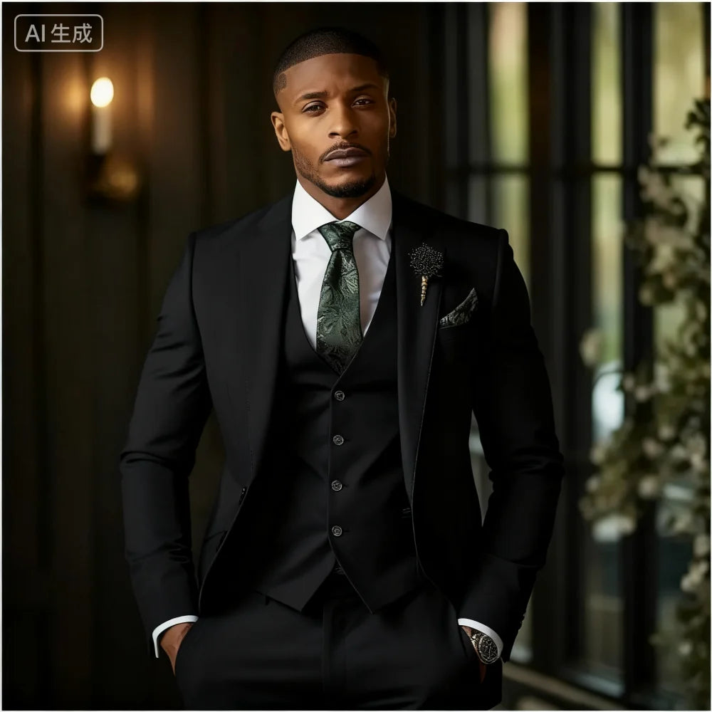 Showlu men's emerald green 3-piece slim fit formal tuxedo suit with jacket, vest, and trousers, perfect for elegant occasions.
