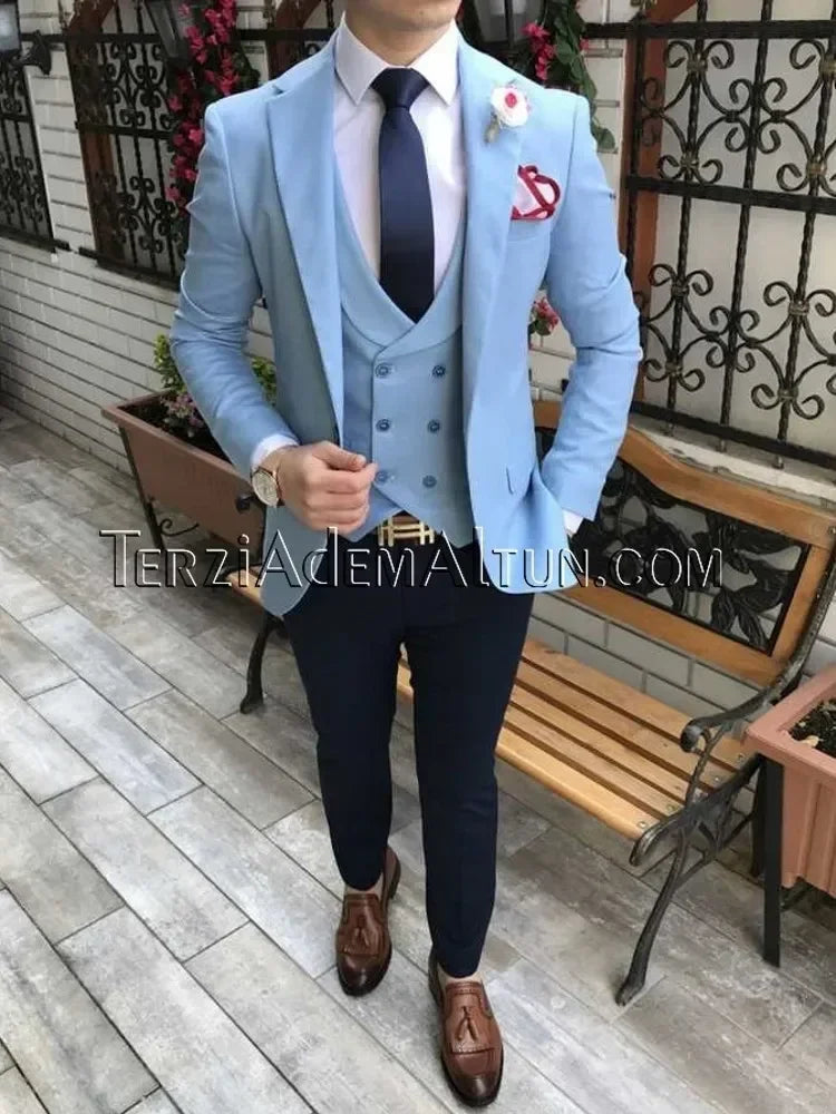 Men's olive green 3-piece slim fit suit with notch lapel tuxedo, shown in a fashion photograph.
