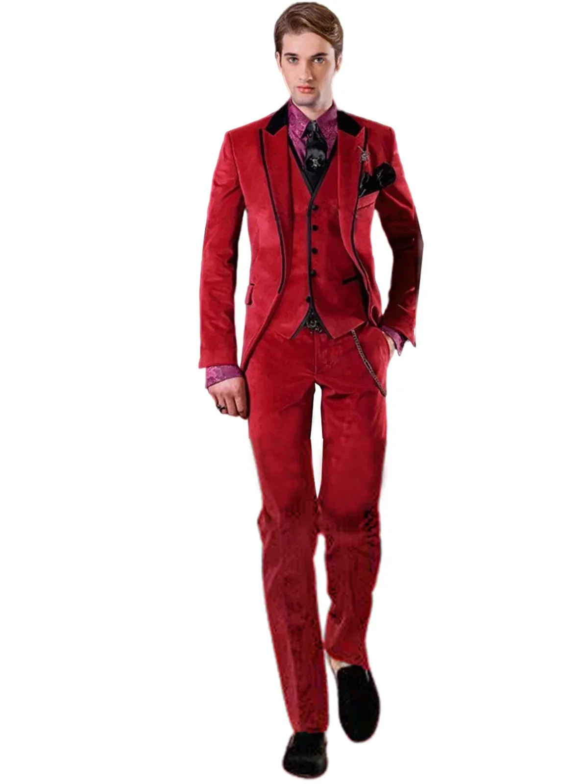 SHOWLU men's red velvet 3-piece suit featuring slim fit tuxedo jacket, vest, and matching pants, elegant formal wear for special occasions