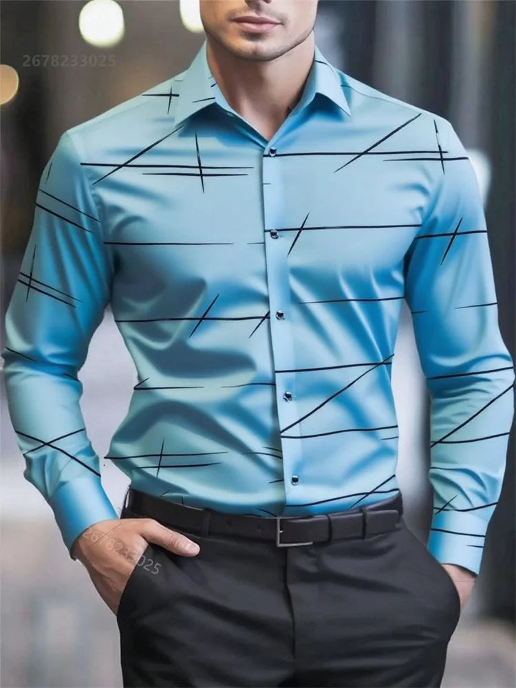Long-sleeved men's casual shirt with geometric 3D print, lapel collar, large size, suitable for business or office wear, shown in the image.