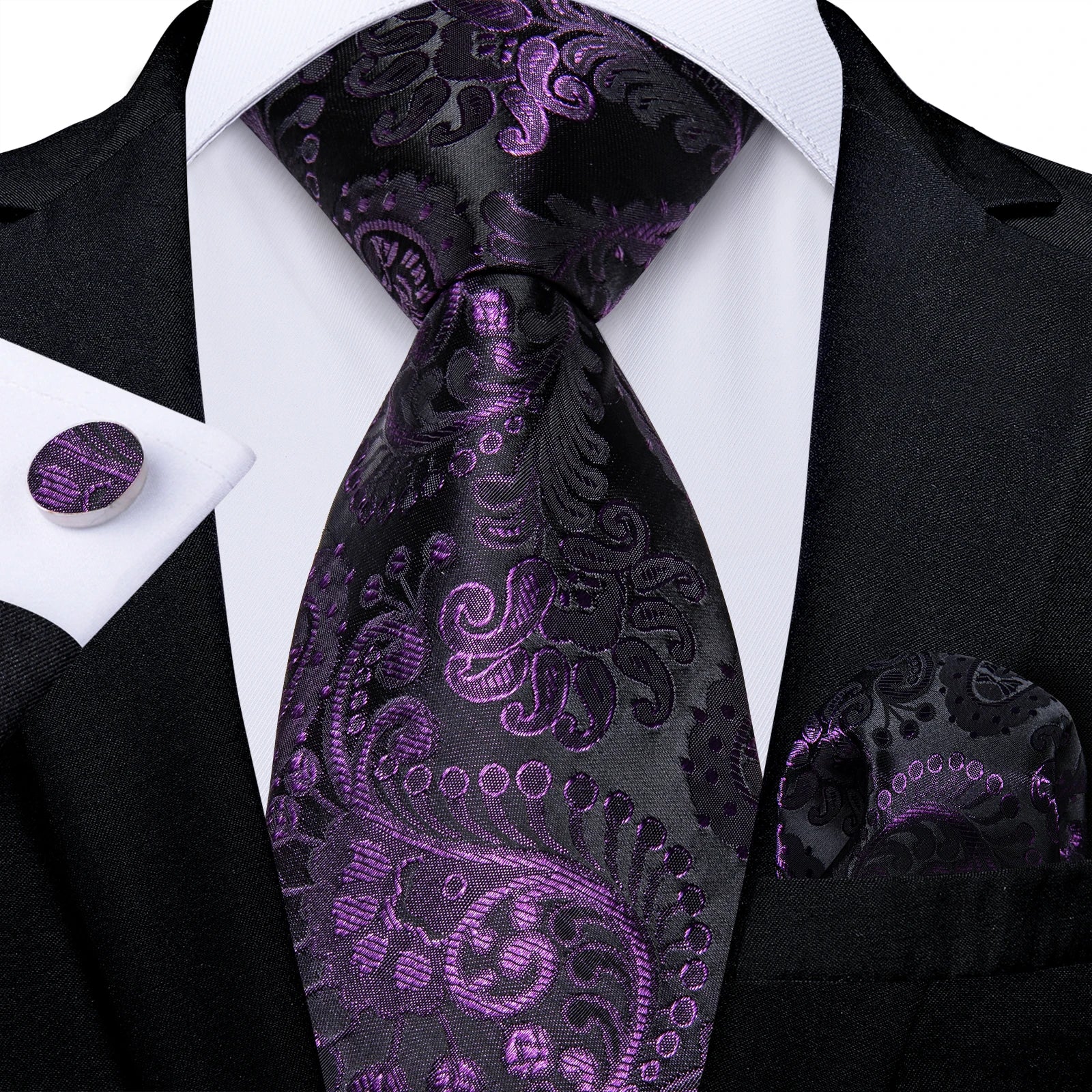 DiBanGu Ties For Men Purple Floral Paisley Necktie Business Formal 100% Silk Tie Pocket Square Set For Wedding Party Cravat