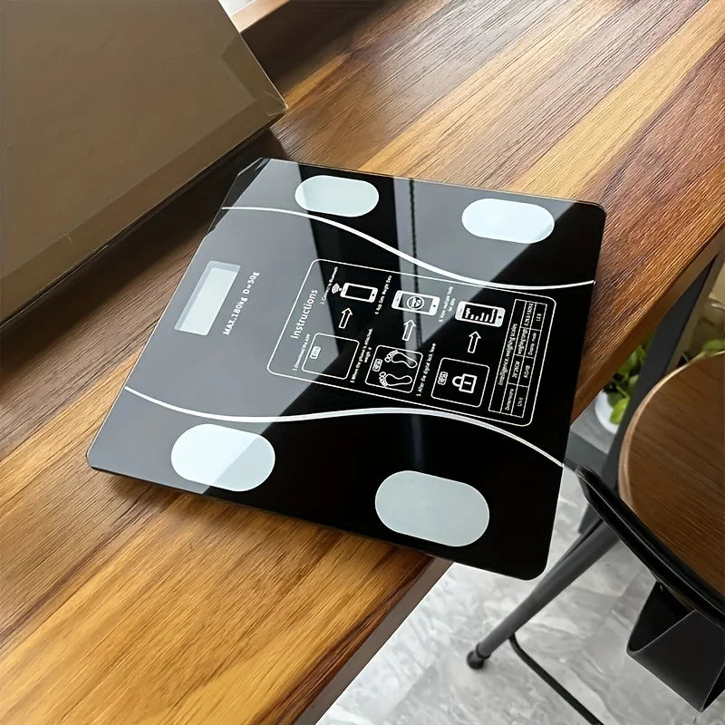 Showlu digital body weight scale with LED backlit display, measuring up to 400 pounds, sleek glass surface.
