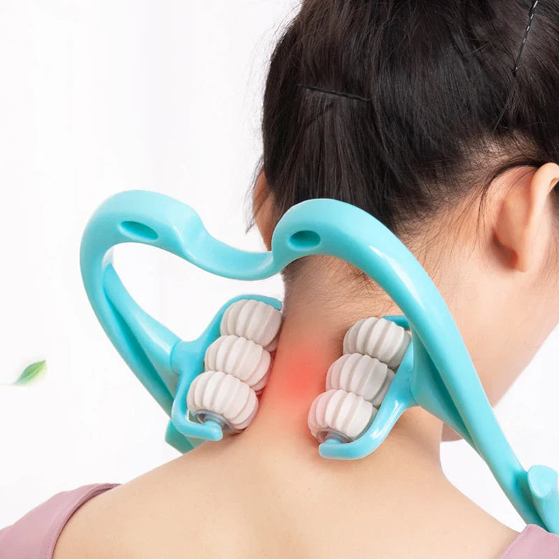 SHOWLU Six-Wheel Manual Cervical Massager for neck and back relief, featuring six rotating wheels for targeted muscle relaxation.