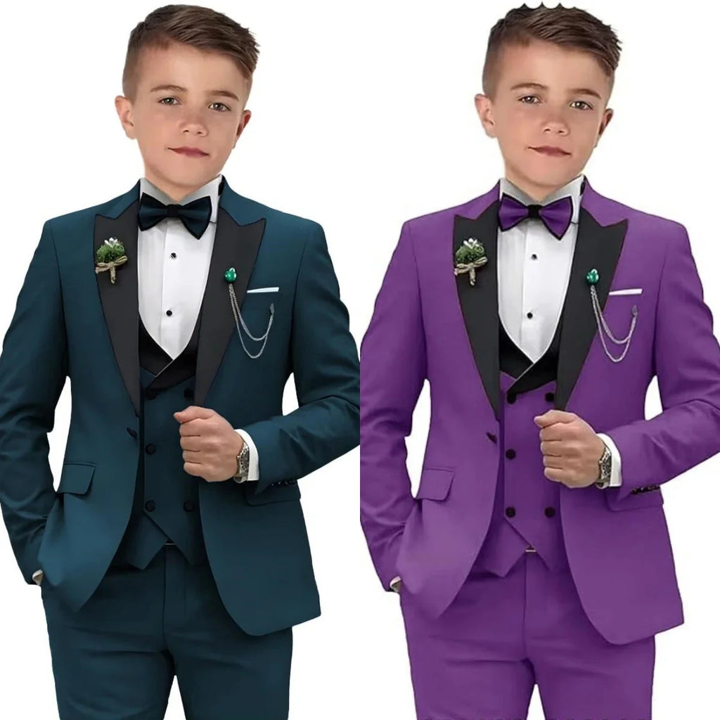 Boys velvet tuxedo suit set with champagne blazer, dress shirt, pants, and bow tie for formal occasions, by SHOWLU FASHION STORE.