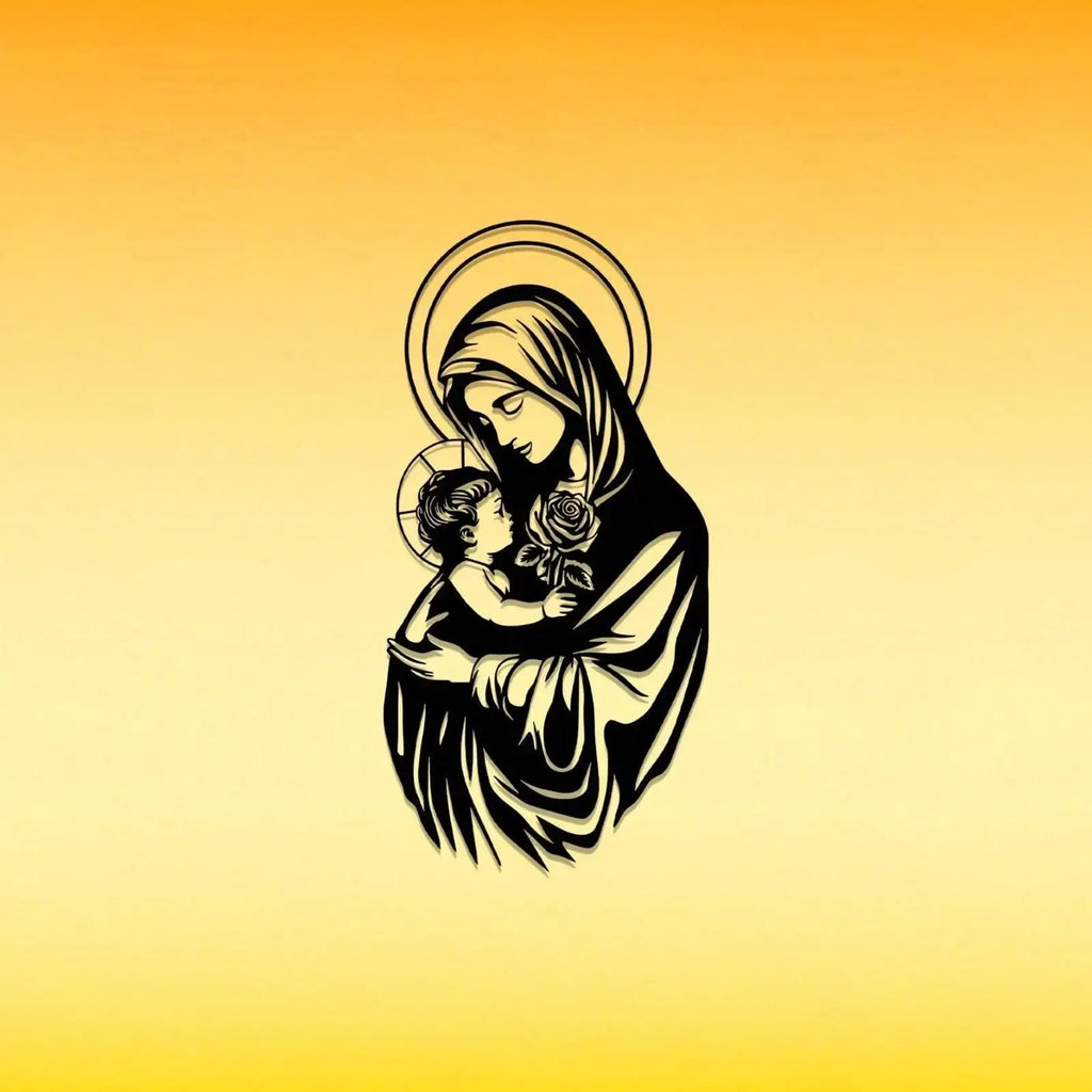 Black Hello Young Virgin Mary metal wall art, religious home decor featuring intricate design and craftsmanship.