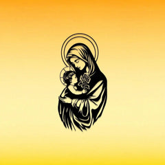 Black metal wall art depicting the Virgin Mary holding the infant Jesus against a yellow background.