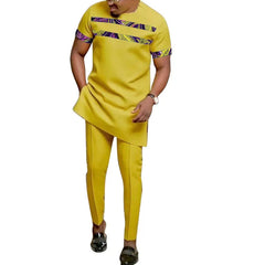 African Fashion Yellow Men's Set Outfits Short Sleeve Tops Patch Trousers Nigerian Print Male Pant Suits Party Wear Customized