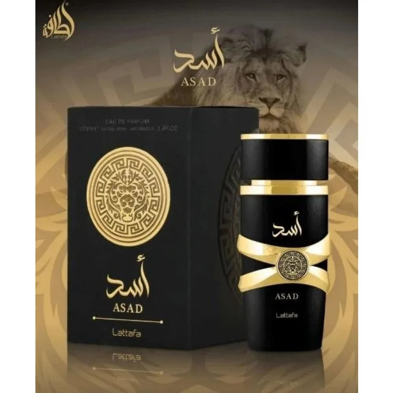 Lattafa Asad men's Eau de Parfum bottle with long-lasting oriental scent in 100ml spray, displayed on a neutral background.
