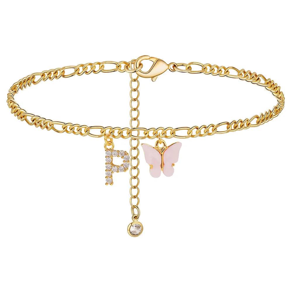 Stainless steel initial A-Z letter anklet with butterfly charm, waterproof jewelry for women and girls, trendy leg chain accessory