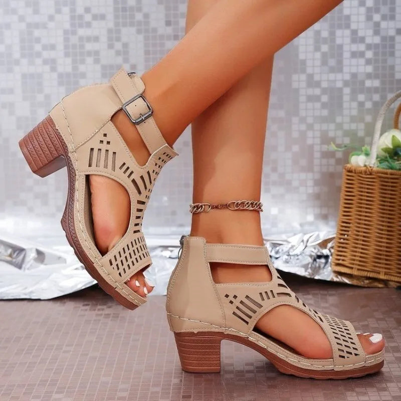 Women fashion high heel sandals with strap, lace-up design, peep toe, and chunky heels, featuring Roman hollow details.