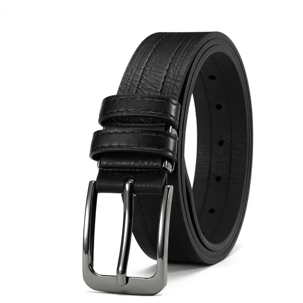 Showlu men's vintage cowhide leather belt with classic metal pin buckle, showcasing durable leather and traditional buckle design.