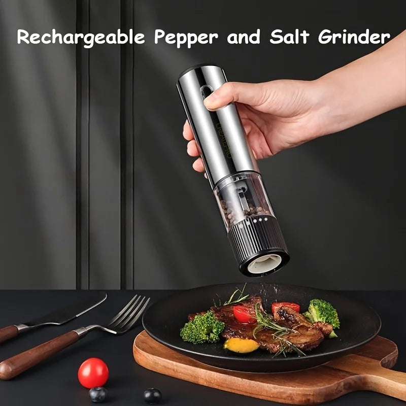 Showlu Smart General electric salt and pepper grinder with stainless steel accents on a kitchen countertop.