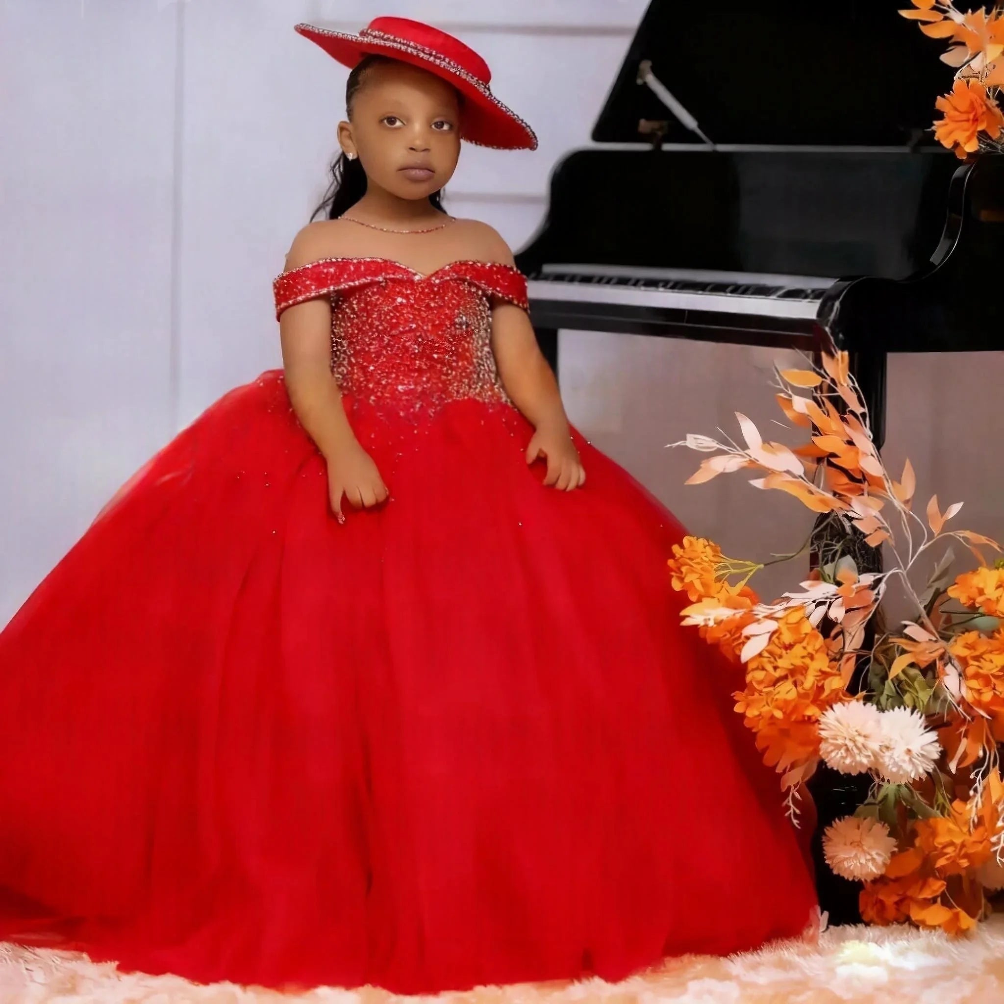 Custom Orange Off Shoulder Beaded Tulle Flower Girl Dress First Christmas Wedding Party Princess Gown فساتين اطفال س