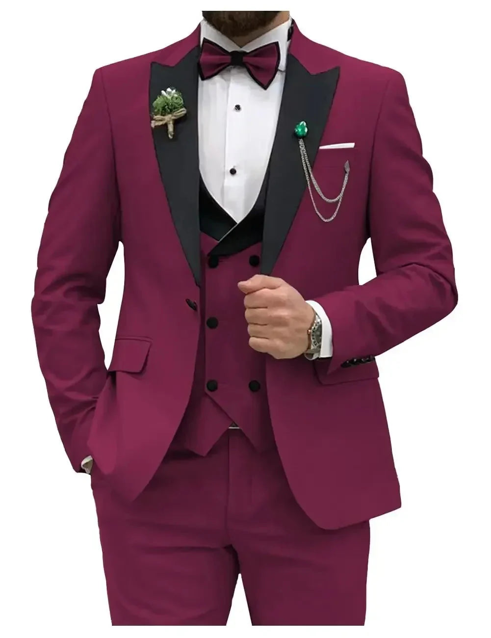 Showlu men's slim fit 3-piece suit with peak lapel, formal business tuxedo, tailored for a sleek, professional look.