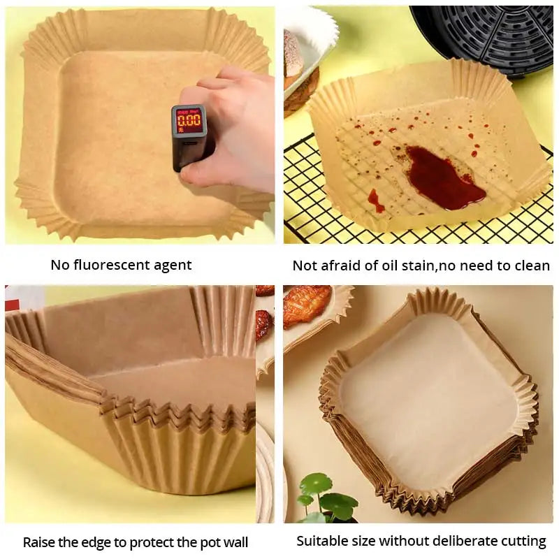 Set of 50 disposable parchment paper liners for air fryers, made of wood pulp, ideal for steaming and baking cheesecake accessories.