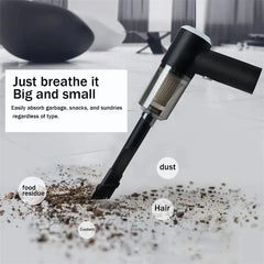 A black handheld cordless vacuum cleaner is shown cleaning debris from a surface.