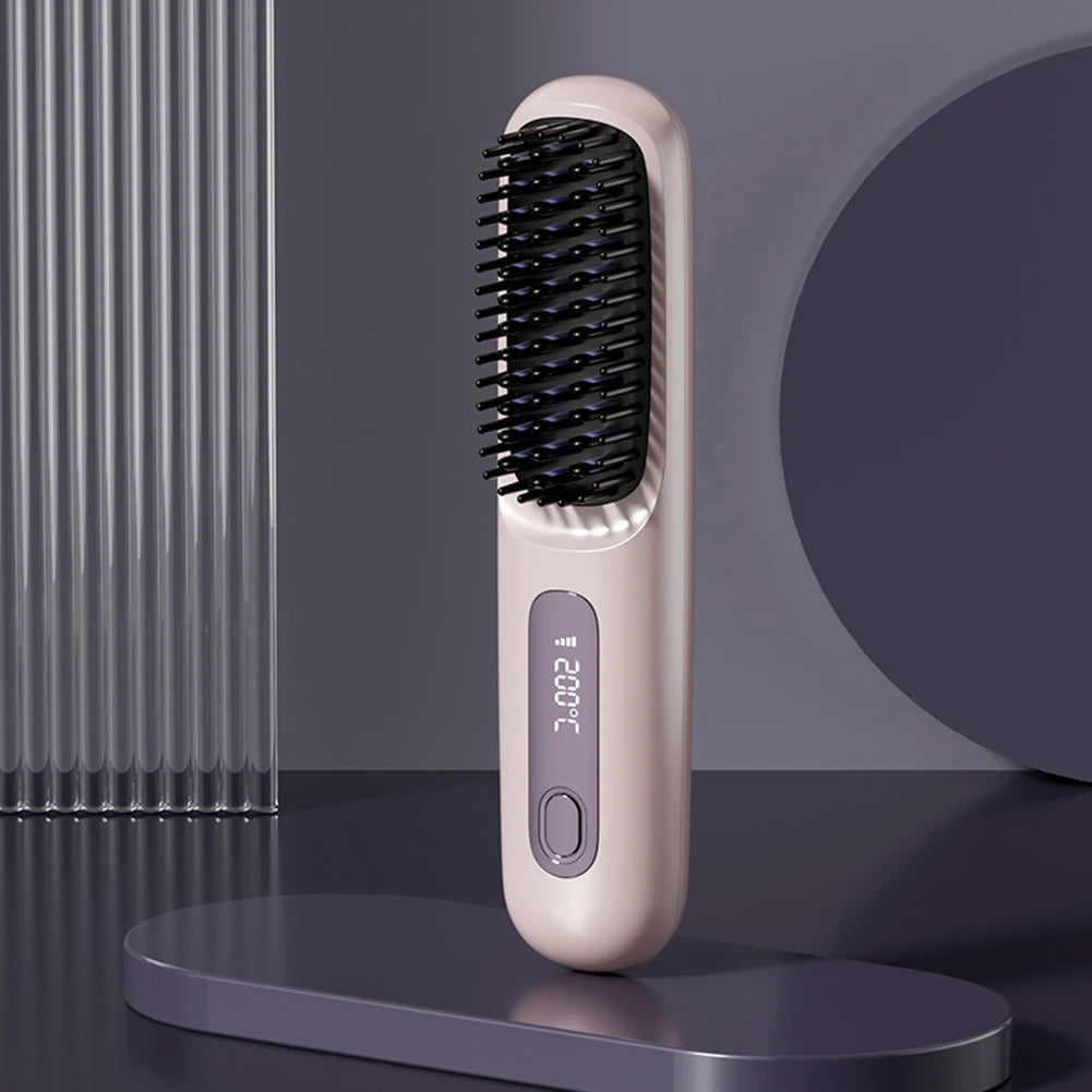 Showlu Smart wireless ionic hair straightener brush in black, featuring anti-frizz technology and sleek design.