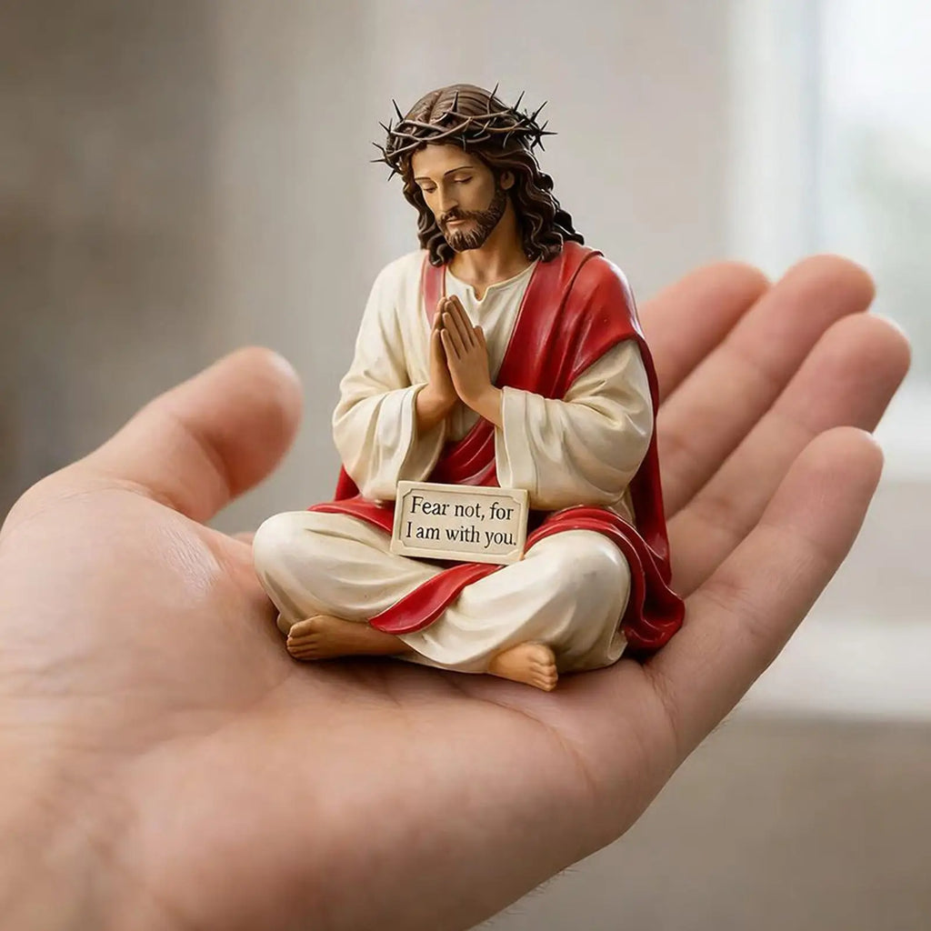 Hand-painted Jesus Christ resin figurine, 10cm religious sculpture for home decor, desktop shelf, mantel, or fireplace display.