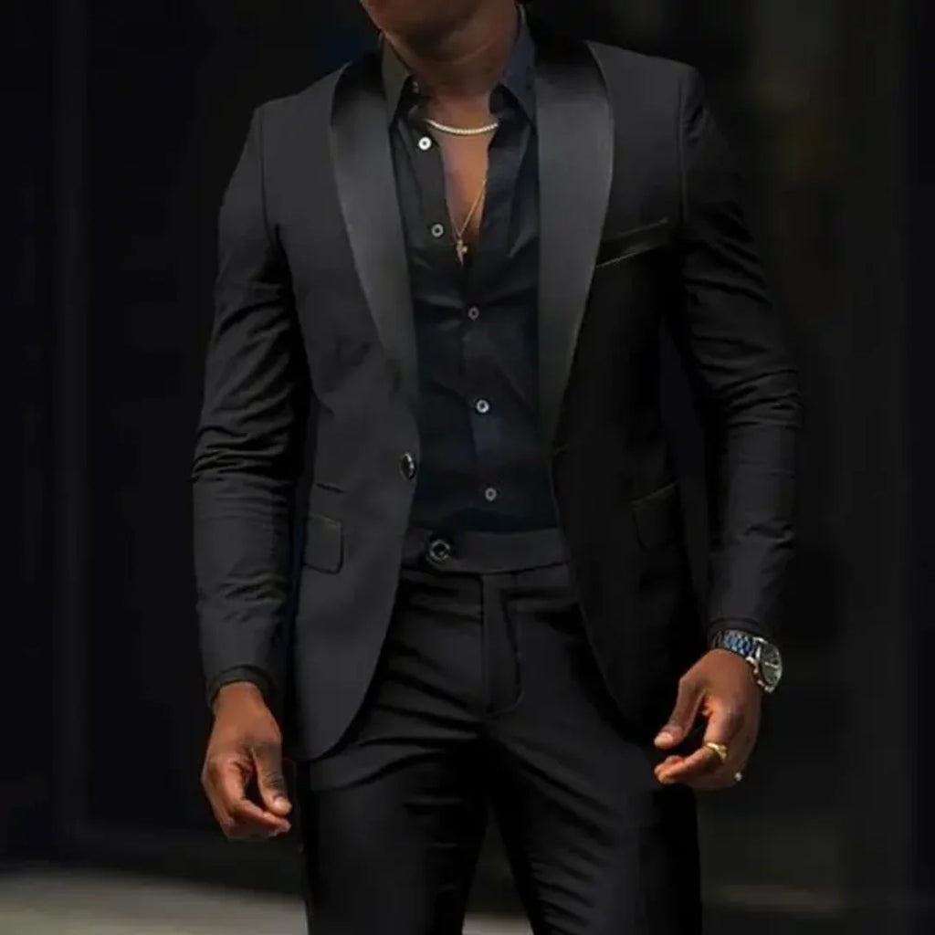 Men's slim fit cotton suit with shawl lapel blazer, featuring a modern design and tailored fit from Showlu Fashion.