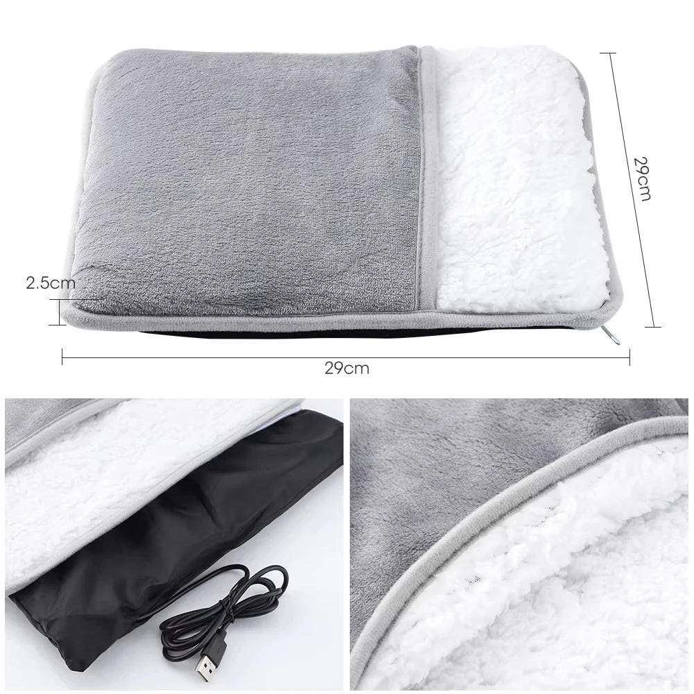 Showlu Smart USB heated plush foot warmer pad showing soft, plush fabric and USB connector for cozy, portable foot warmth.