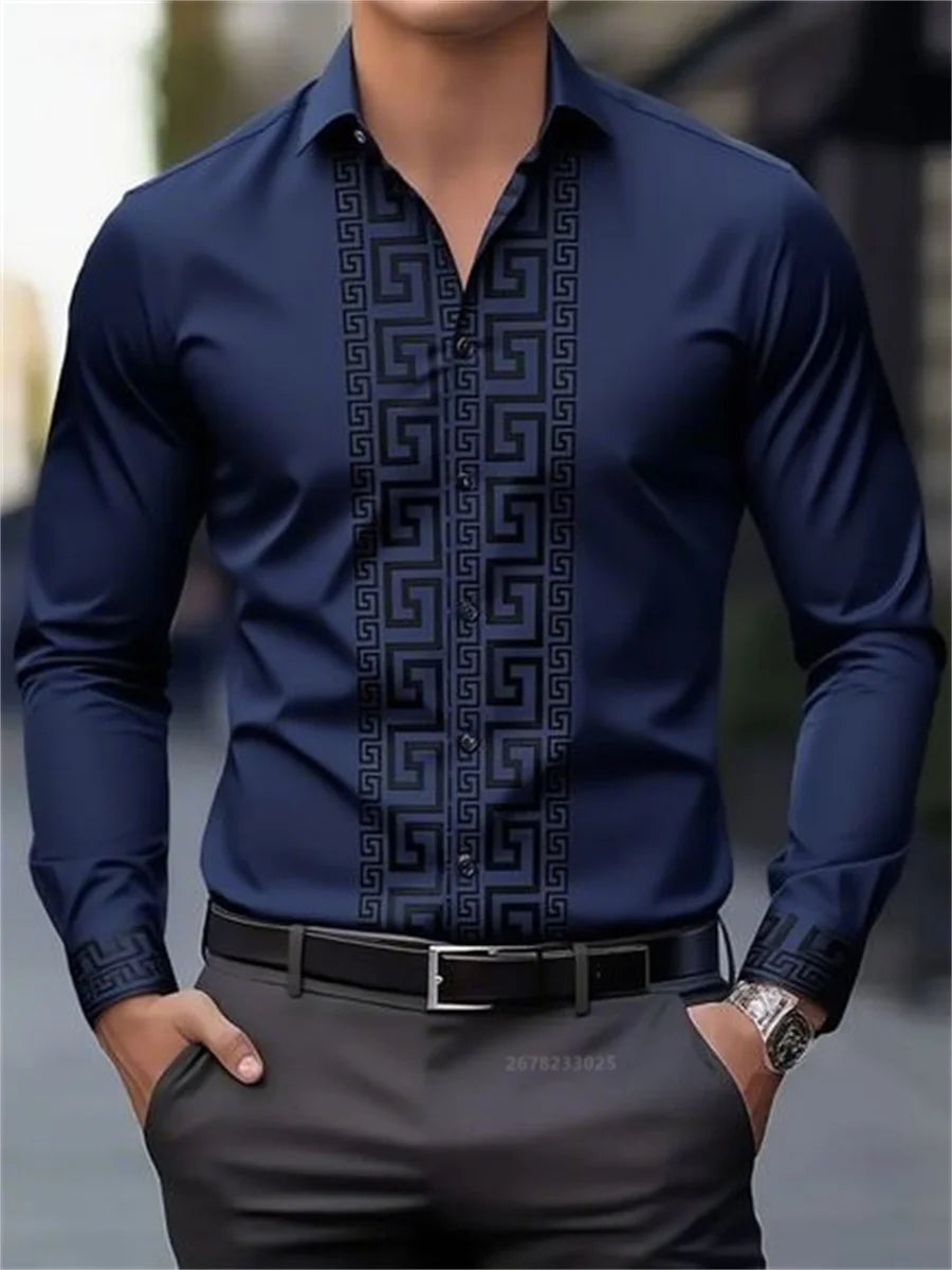 Men's patterned long-sleeved shirt with lapel buttons, stylish casual top from Showlu Fashion Store, comfortable and versatile for everyday wear.