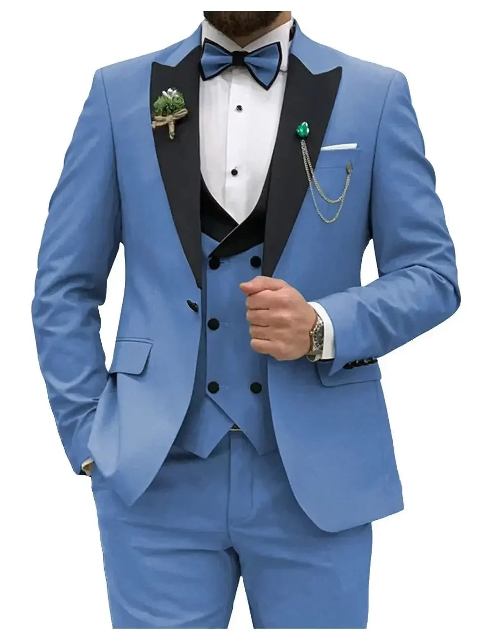 Showlu men's slim fit 3-piece suit with peak lapel, formal business tuxedo, shown on a mannequin, navy blue color, tailored fit.