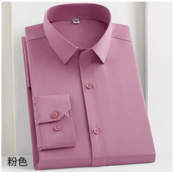 White bamboo fiber men's long sleeve dress shirt with stretch, soft, comfortable fit, ideal for business or formal wear, size 8XL.