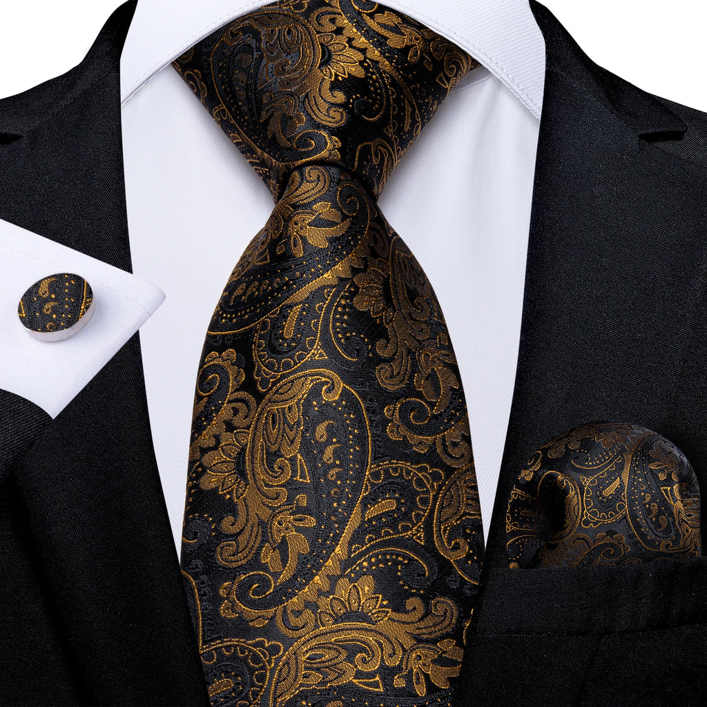 Gift Men Tie Luxury Gold Black Striped Paisley Silk Wedding Tie For Men DiBanGu Designer Hanky Cufflinks Fashion Tie Set