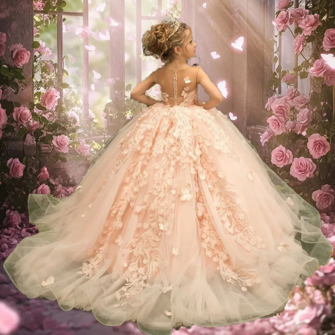 Pink flower girl dress by Gdybao with 3D floral appliqué, tulle ball gown design for kids, elegant and charming.