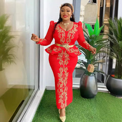 Women Wedding Bride Party Dress V Neck Luxury Hot Drill Long Sleeve Ruffle Hem Package Hip Elegant Evening Event Celebrate Gowns