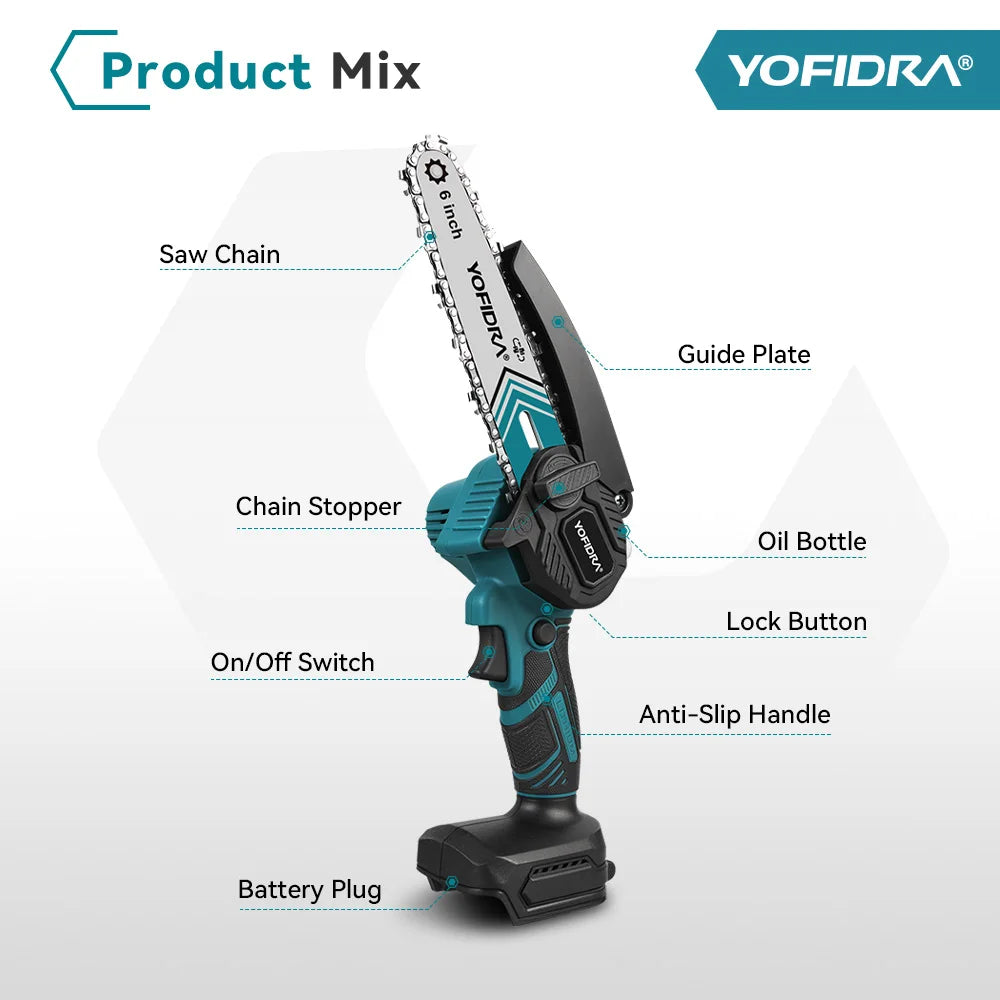 Showlu Smart General Yofidra 6-inch electric chainsaw with a metal blade and handle for pruning and cutting tasks.
