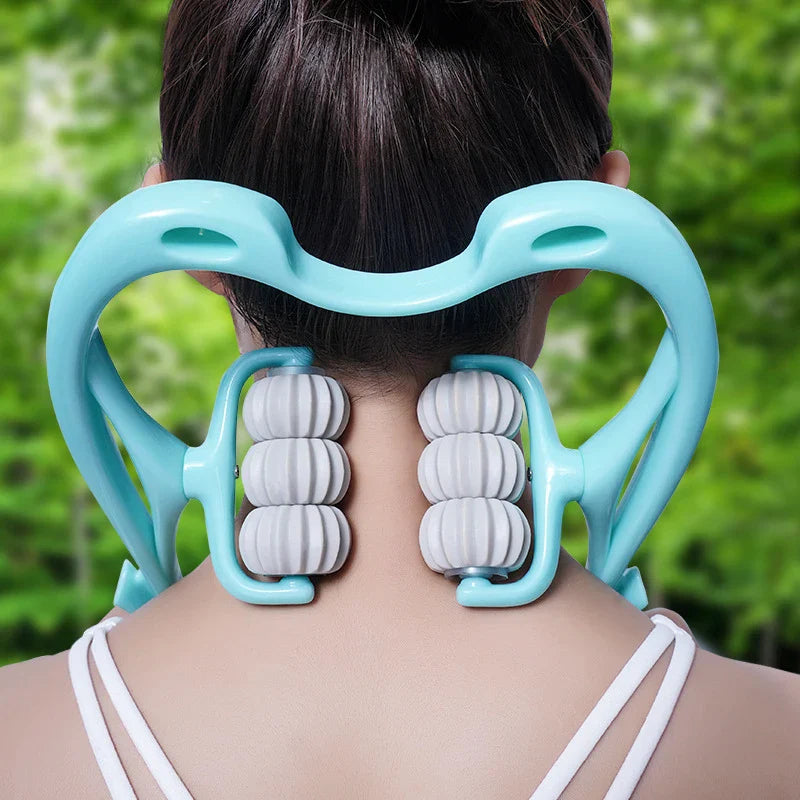 SHOWLU six-wheel manual cervical massager for neck and back relief, featuring ergonomic design and adjustable tension.