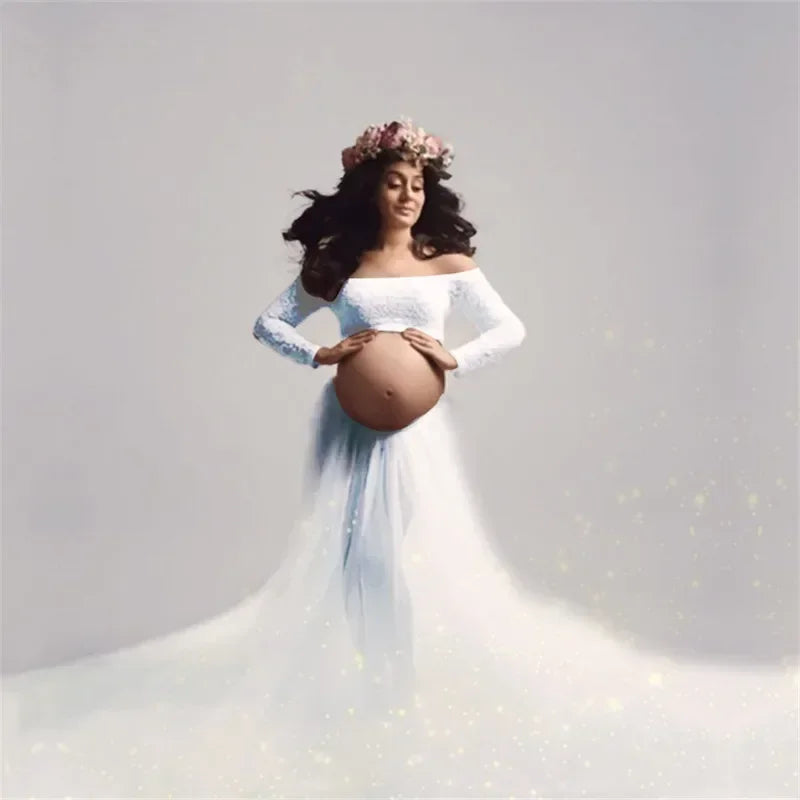 Showlu maternity lace top and tulle skirt set for photoshoots, featuring delicate lace details and flowing fabric.