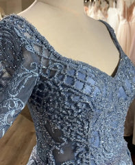 Luxury Long Sleeve Sexy V Neck Evening Dress Blue Women Beading Crystal Dubai Arabic Formal Occasions Prom Gown Vestidos Noche SHOWLU FASHION STORE