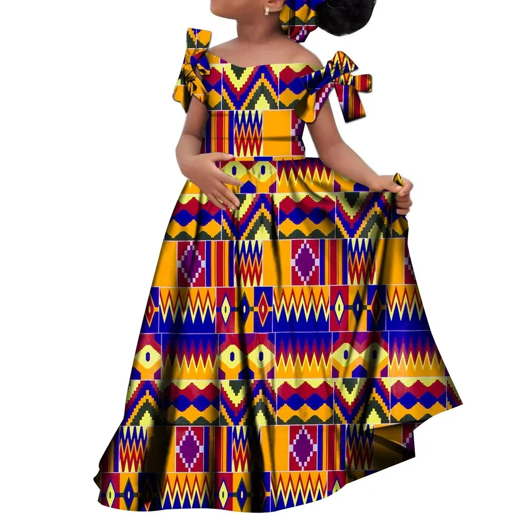 African Dashiki cotton dress with matching headscarf for girls, featuring vibrant patterns and traditional style by SHOWLU FASHION STORE.
