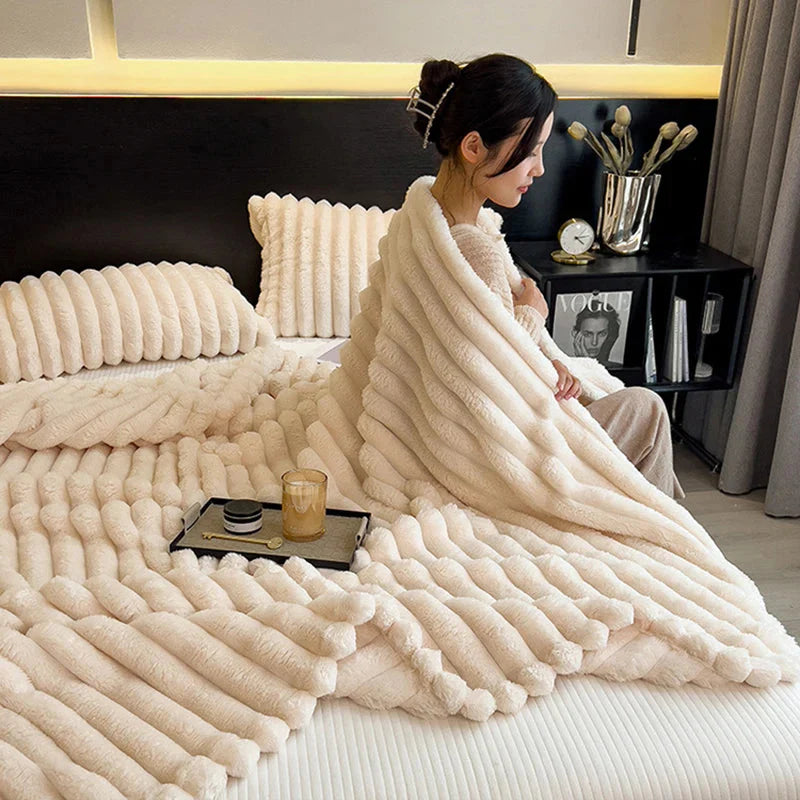 Soft, solid color MINISO thickened flannel rabbit plush blanket for warmth and comfort, perfect as a cozy bed cover.
