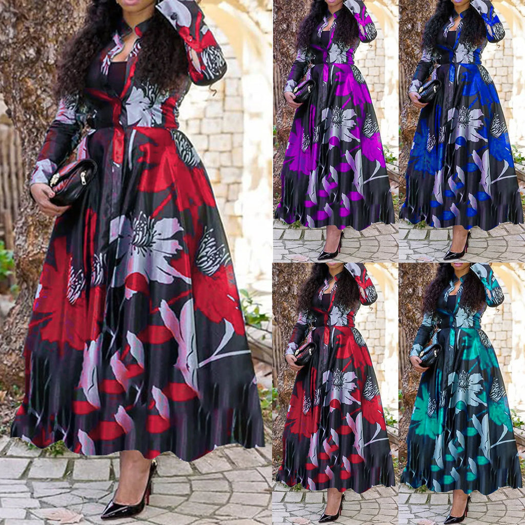 SHOWLU FASHION retro print maxi dress with slim V-neck, long sleeves, and A-line silhouette, perfect for stylish casual wear.