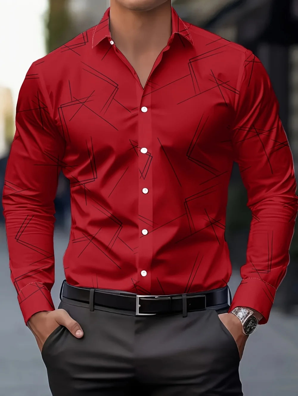 European and American style men's long sleeve spring shirt with minimalist lines, ideal for business casual wear, high-end menswear.